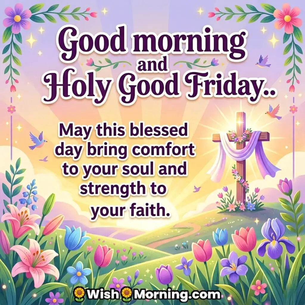 Holy Good Friday Comfort and Faith Blessing Quote Image featuring a glowing cross, soft pastel sky, and blooming flowers symbolizing comfort, strength, and deep faith.