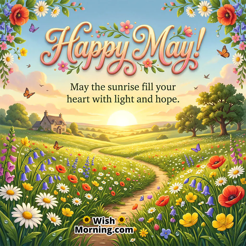 A golden May sunrise over a peaceful meadow, symbolizing new hope and peaceful beginnings.