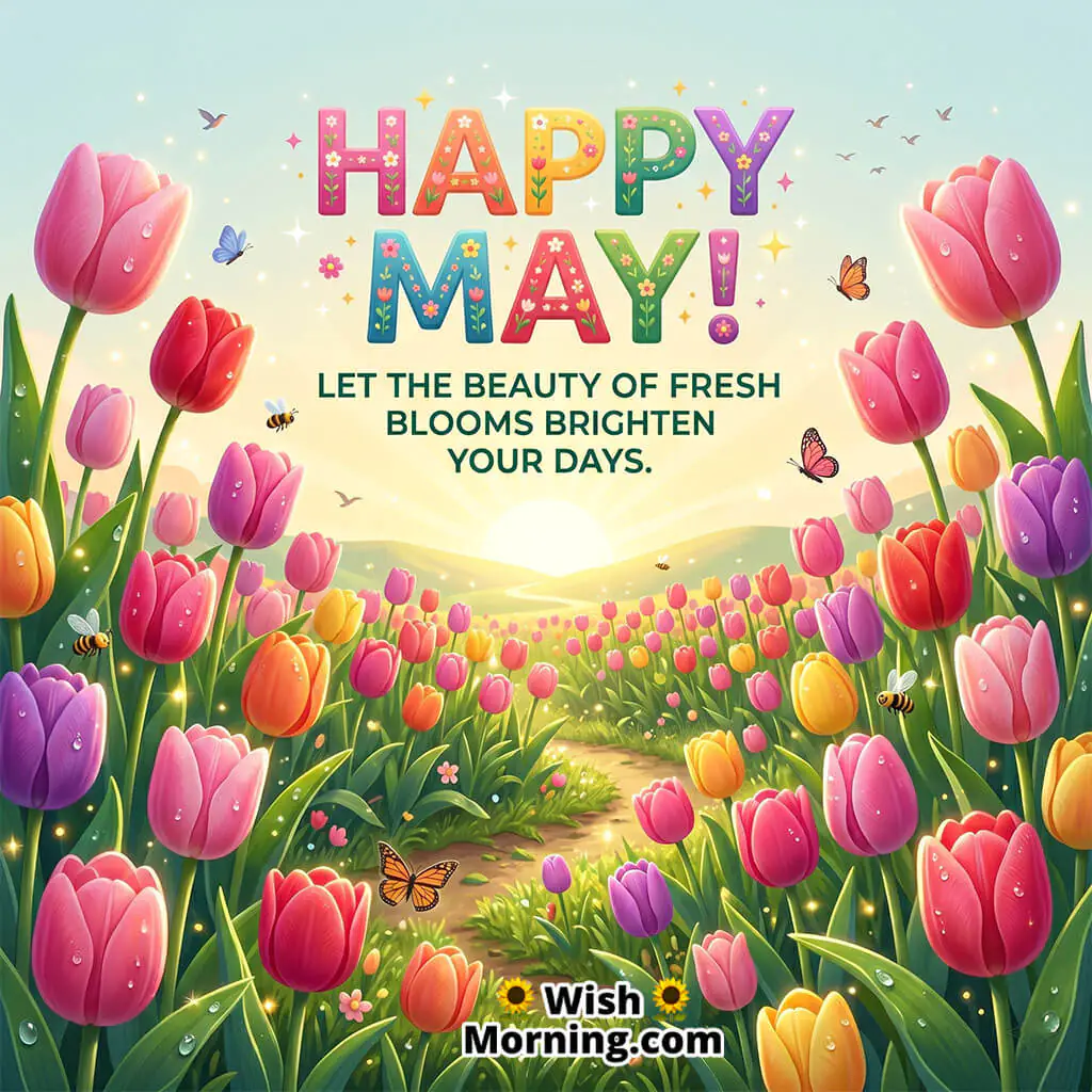 Colorful tulips glowing in May morning sunlight, representing cheer and blossoming life.