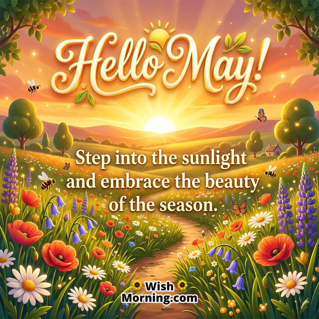 Golden sunlight filtering through greenery, symbolizing May’s warmth and peace.