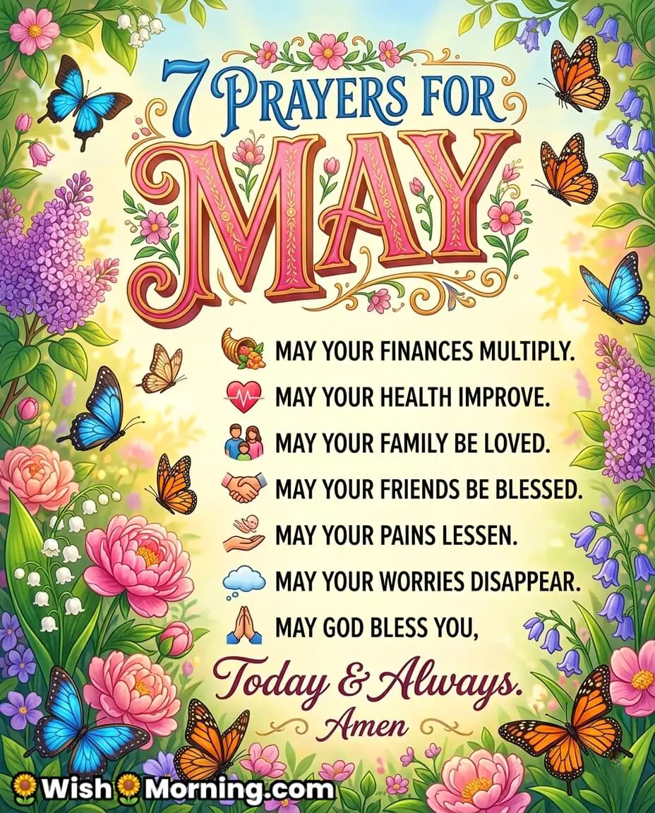 7 Prayers for May Blessings and Faith Message Image featuring glowing light, peaceful nature, and calm sky symbolizing divine blessings, improved health, prosperity, and protection for loved ones.