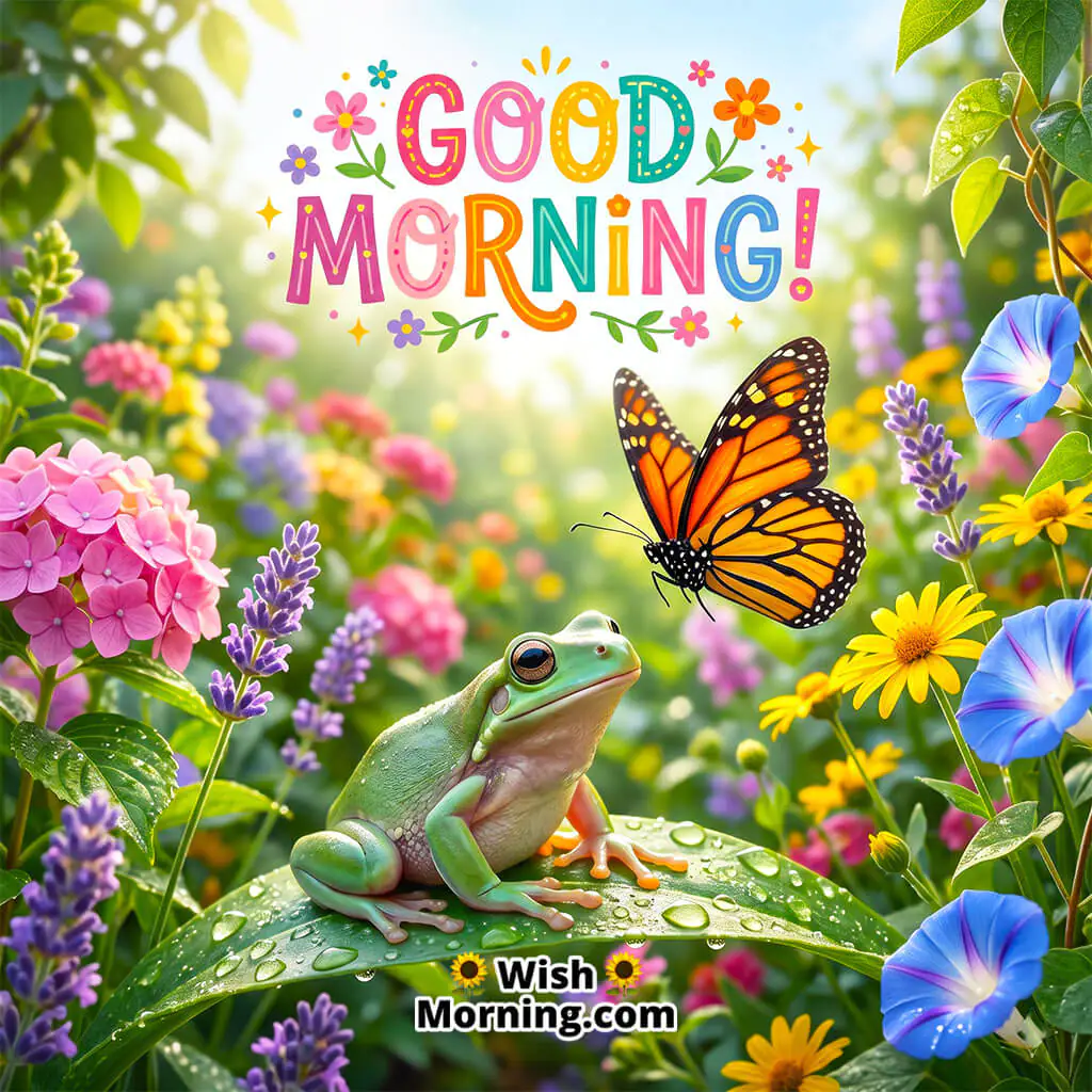 Beautiful Good Morning Frog Greeting Image featuring a cute green frog sitting on a fresh leaf with a colorful butterfly and blooming garden flowers, symbolizing happiness, freshness, and peaceful morning joy.
