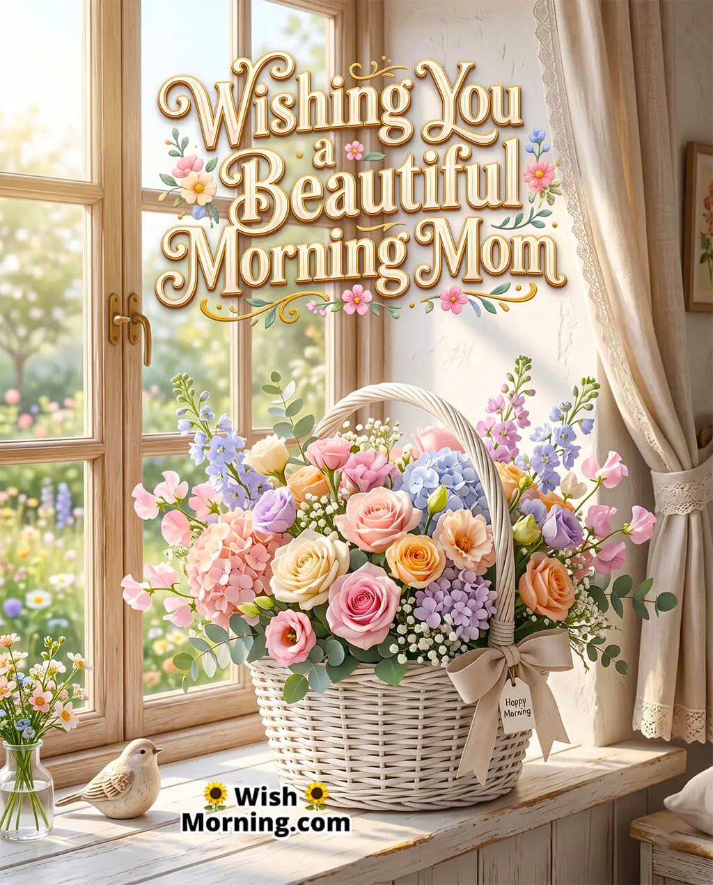 Beautiful Morning Mom Photo With Flower Basket featuring a pastel mixed flower basket on a sunny window ledge with a cute little bird and airy curtains, symbolizing sweetness, care, and peaceful morning vibes.