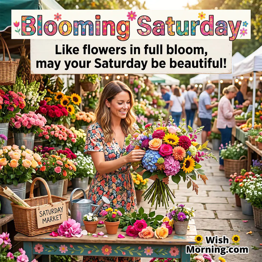 Blooming Saturday Flower Message featuring a smiling woman holding a colorful bouquet in a lively flower market symbolizing beauty, freshness, and cheerful Saturday energy.