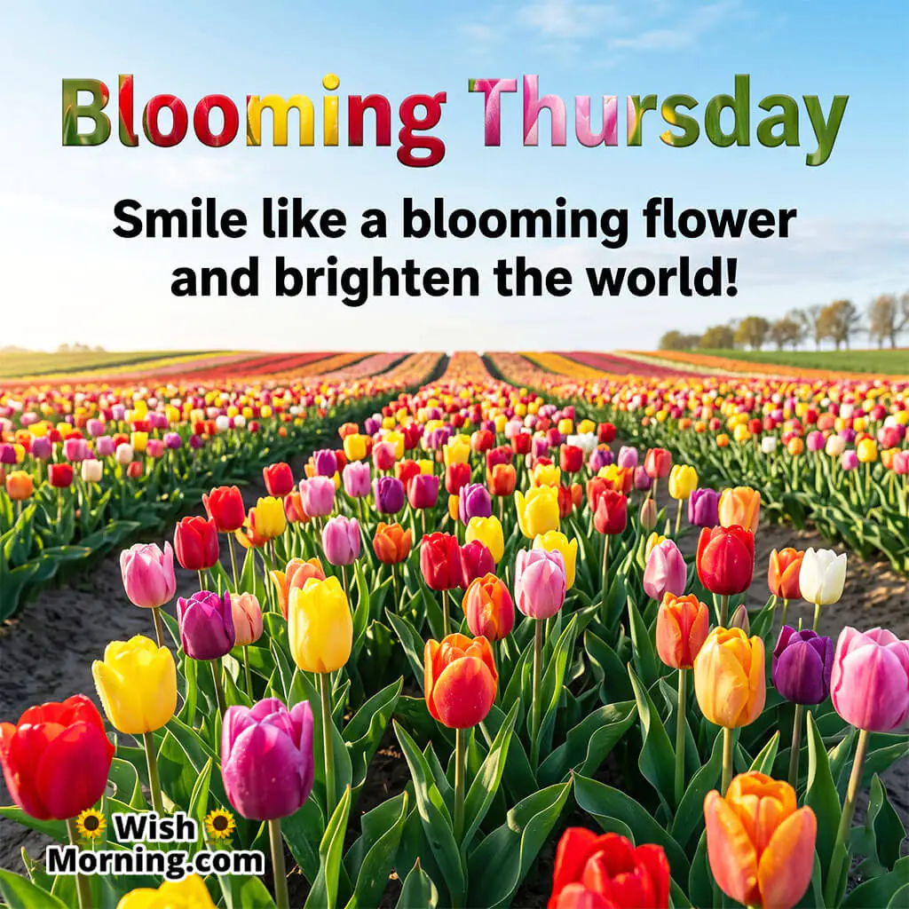Blooming Thursday Positive Smile Quote featuring a colorful tulip flower field under a bright blue sky symbolizing happiness, freshness, and cheerful morning vibes.