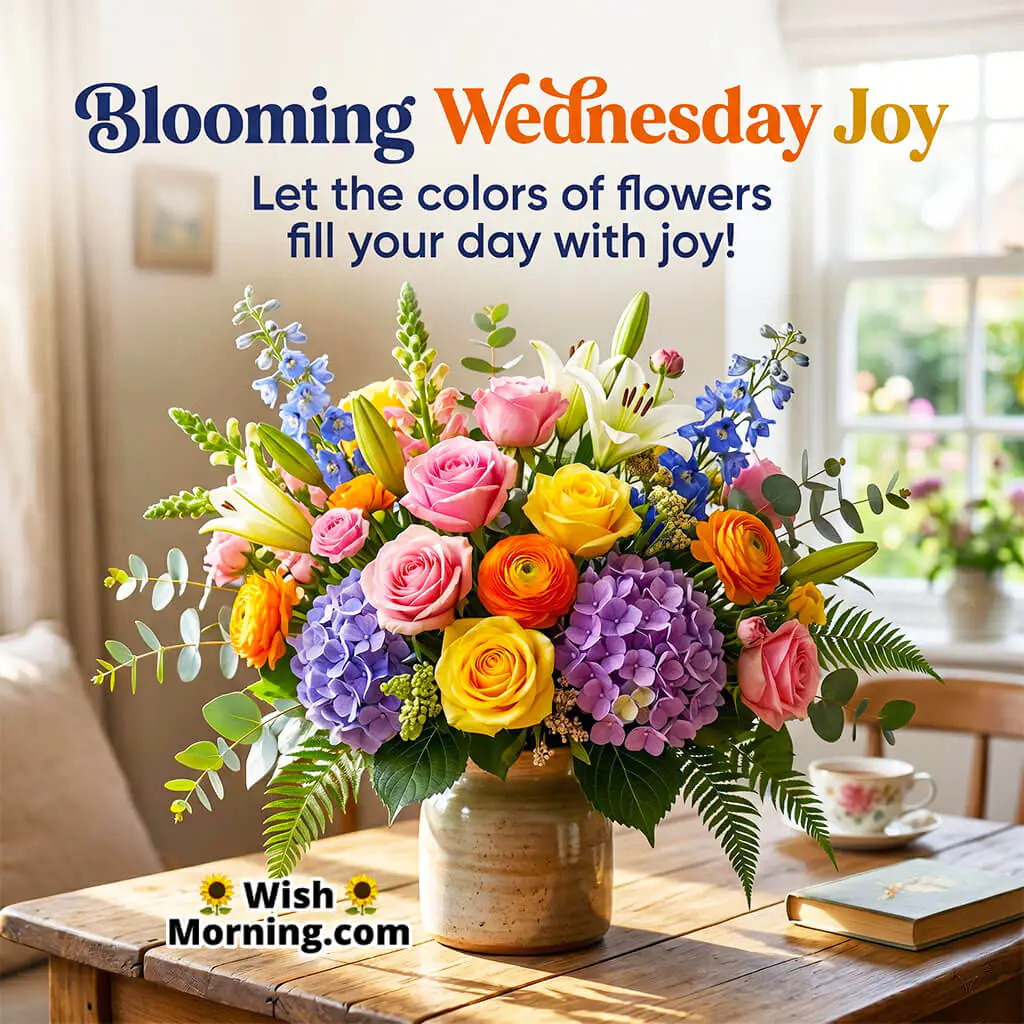 Blooming Wednesday Flower Joy Message featuring a colorful bouquet of fresh flowers on a wooden table near a bright window symbolizing happiness, freshness, and cheerful Wednesday vibes.