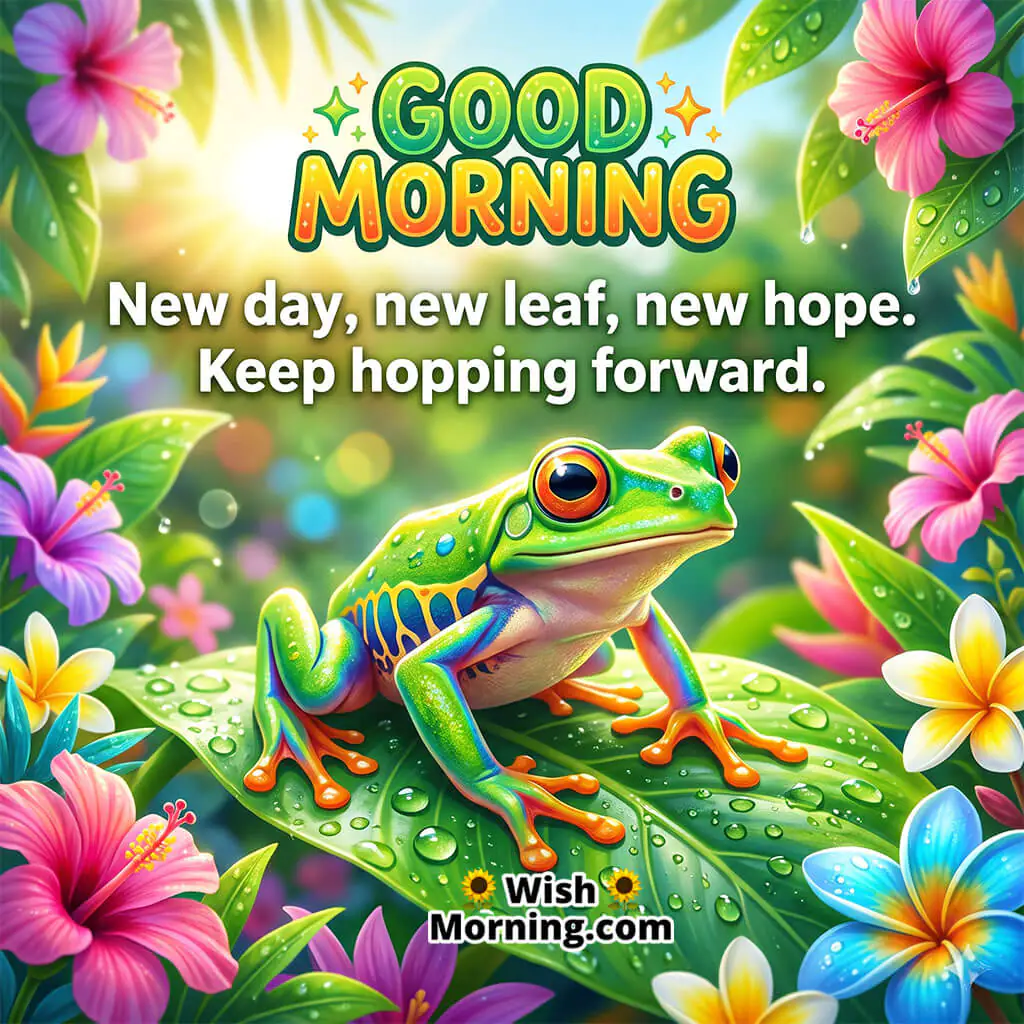 Bright Good Morning Frog Motivation Message Image featuring a colorful frog resting on a green leaf surrounded by tropical flowers and glowing morning light, symbolizing hope, confidence, and fresh new beginnings.