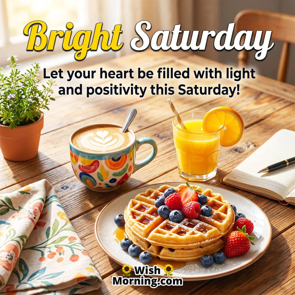 Bright Saturday Positivity Quote featuring waffles, fresh juice, coffee, and a cheerful breakfast setup on a sunny wooden table symbolizing happiness, energy, and positive Saturday vibes.