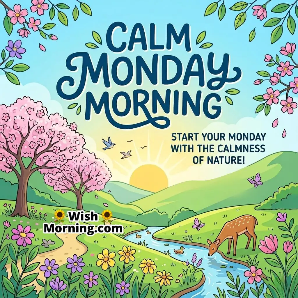 Calm Monday Morning Nature Peace Wish featuring sunrise over green hills, blooming flowers, flowing stream, and peaceful wildlife symbolizing calmness and a refreshing start.
