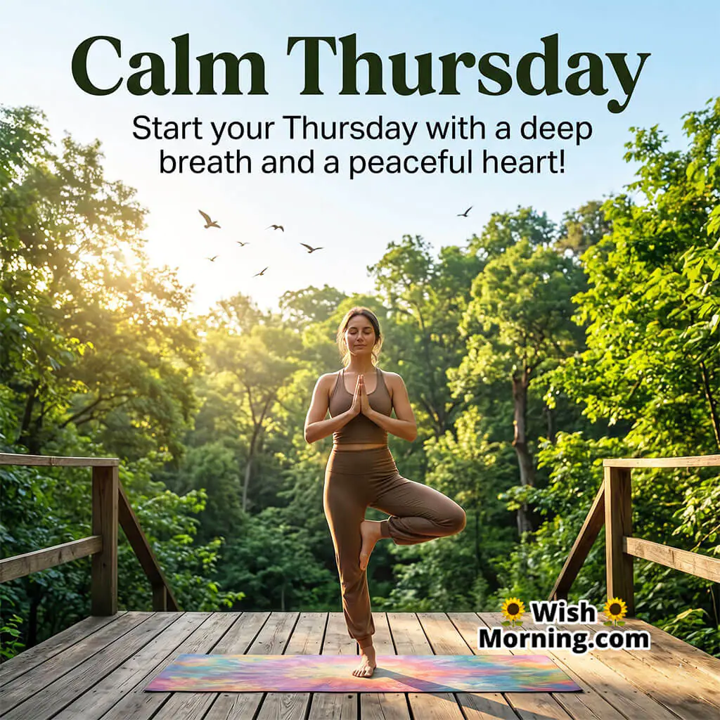 Calm Thursday Peaceful Morning Message featuring a woman practicing yoga on a wooden deck surrounded by green forest and soft morning light symbolizing calmness, wellness, and serenity.