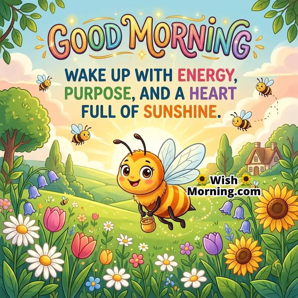 Cheerful Good Morning Bee Inspiration Message Image featuring a joyful bee flying through a sunny flower field with colorful blossoms and glowing morning light, symbolizing energy, purpose, and cheerful positivity.