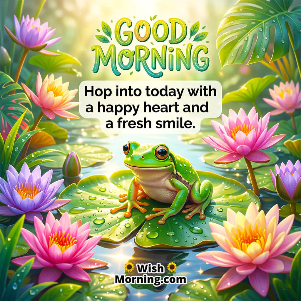 Cheerful Good Morning Frog Message Image featuring a cute green frog sitting on a lotus leaf surrounded by colorful lotus flowers and sparkling pond water, symbolizing happiness, freshness, and a joyful start to the day.