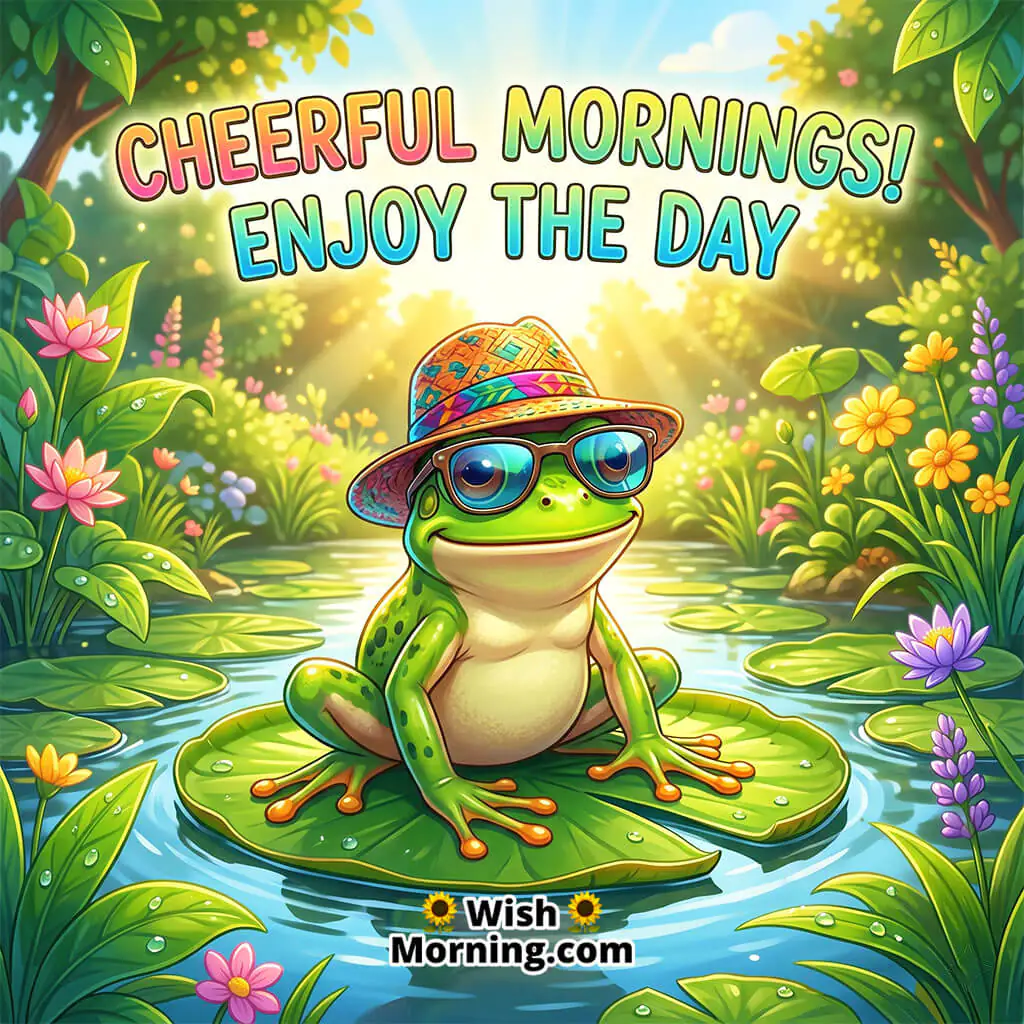 Cheerful Morning Frog Fun Greeting Image featuring a stylish smiling frog wearing sunglasses and a colorful hat while sitting on a lily pad in a bright pond garden, symbolizing fun, confidence, and cheerful morning positivity.