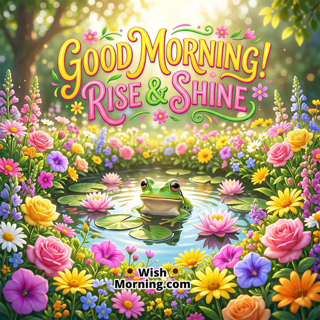 Colorful Good Morning Rise and Shine Frog Greeting Image featuring a smiling frog in a flower-filled pond with lotus blooms and bright sunshine, symbolizing cheerful energy, positivity, and a refreshing start to the day.