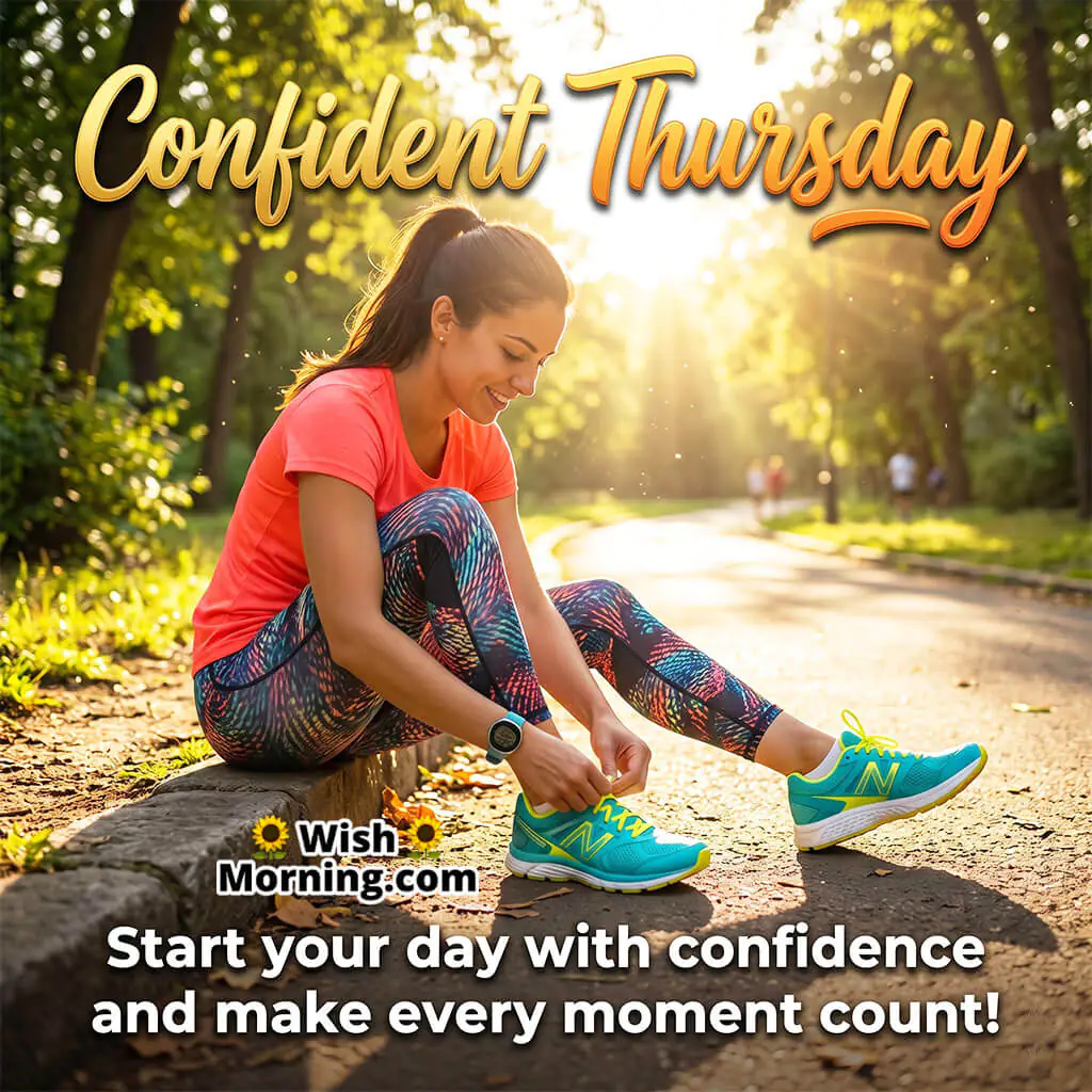 Confident Thursday Success Motivation Wish featuring a cheerful woman preparing for a morning workout in a sunlit park symbolizing confidence, determination, and positive energy.
