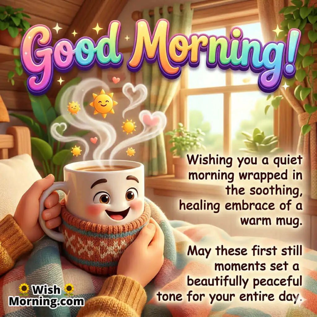 Cozy Good Morning Warm Mug Wishes Image featuring a smiling cartoon coffee mug wrapped in a knitted sweater beside a peaceful bedroom window symbolizing comfort, healing, and relaxing morning vibes.