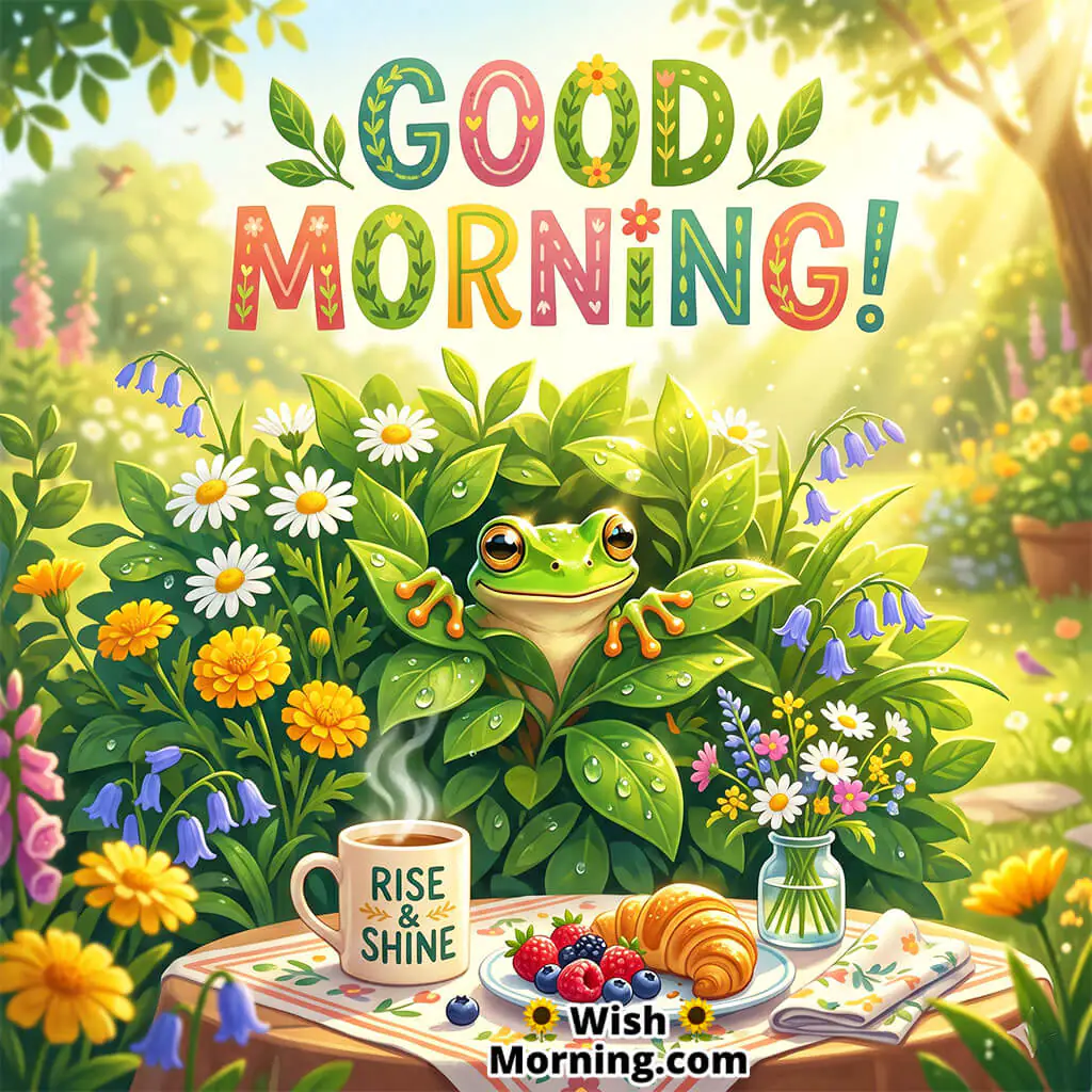 Cute Good Morning Frog Garden Breakfast Image featuring a happy frog peeking through green leaves beside a coffee mug, croissant, and colorful flowers, symbolizing warmth, relaxation, and joyful morning moments.