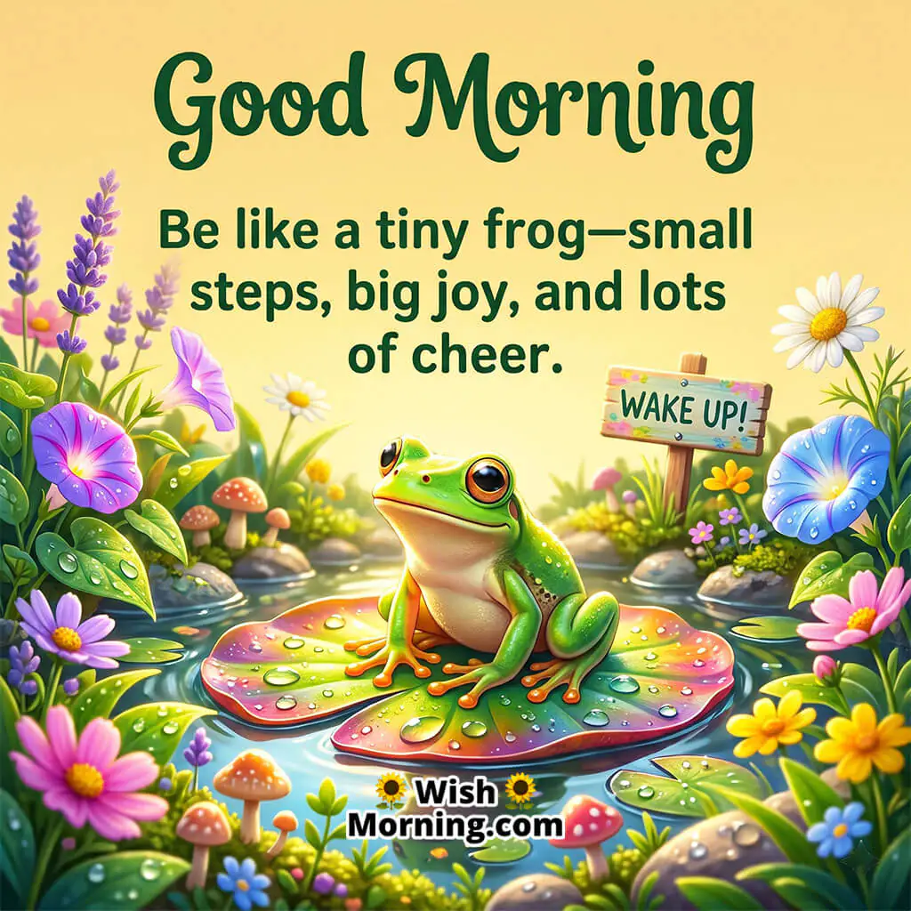Cute Good Morning Frog Wish Image featuring a tiny smiling frog on a lily pad with bright flowers, mushrooms, and peaceful pond scenery, symbolizing small joyful moments and cheerful morning energy.