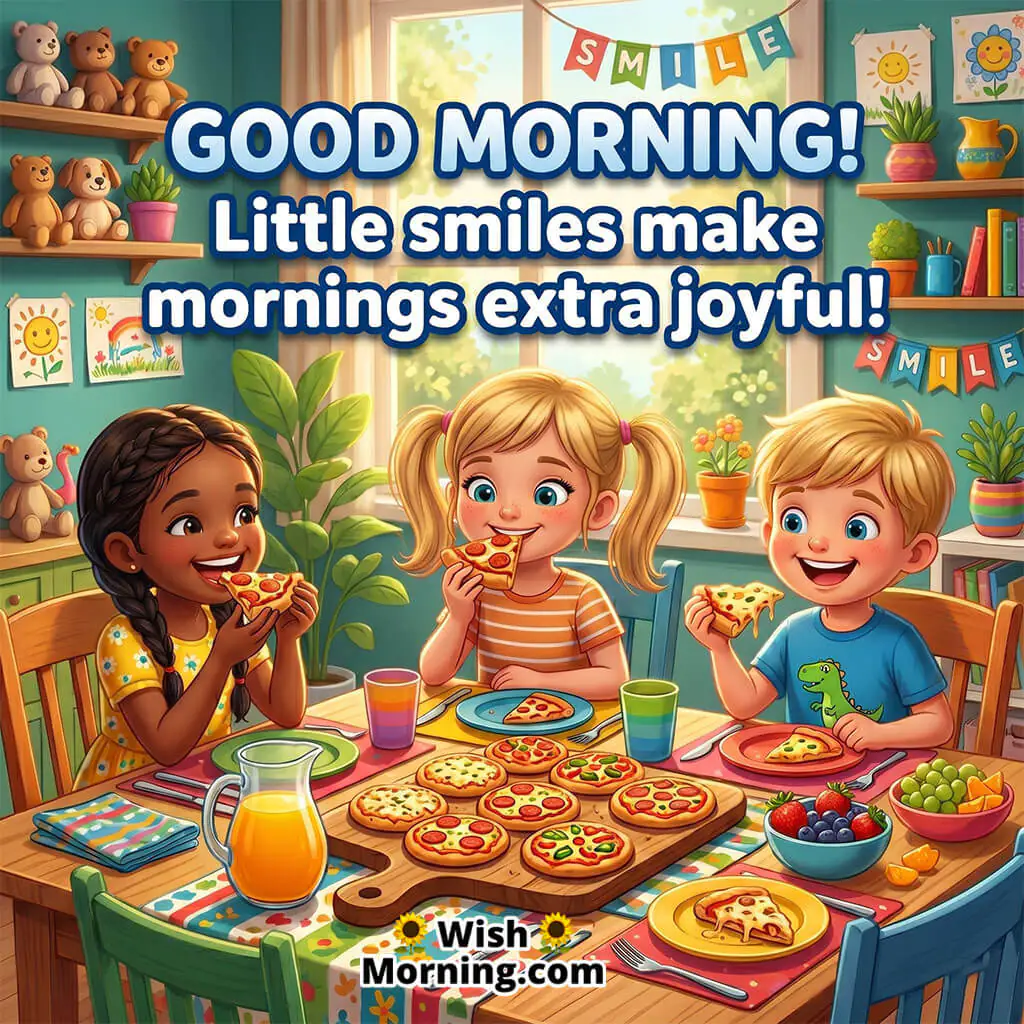 Cute Good Morning Kids Pizza Breakfast Image with Quote featuring happy kids eating mini pizzas with juice symbolizing playful and joyful mornings.