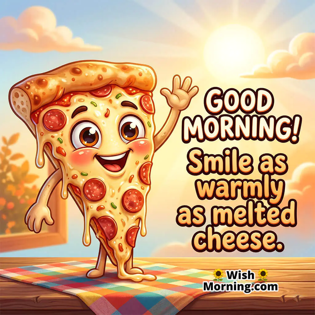 Cute Good Morning Smiling Pizza Slice Image with Quote featuring happy pizza slice character waving under sunny sky symbolizing cheerful breakfast vibes.