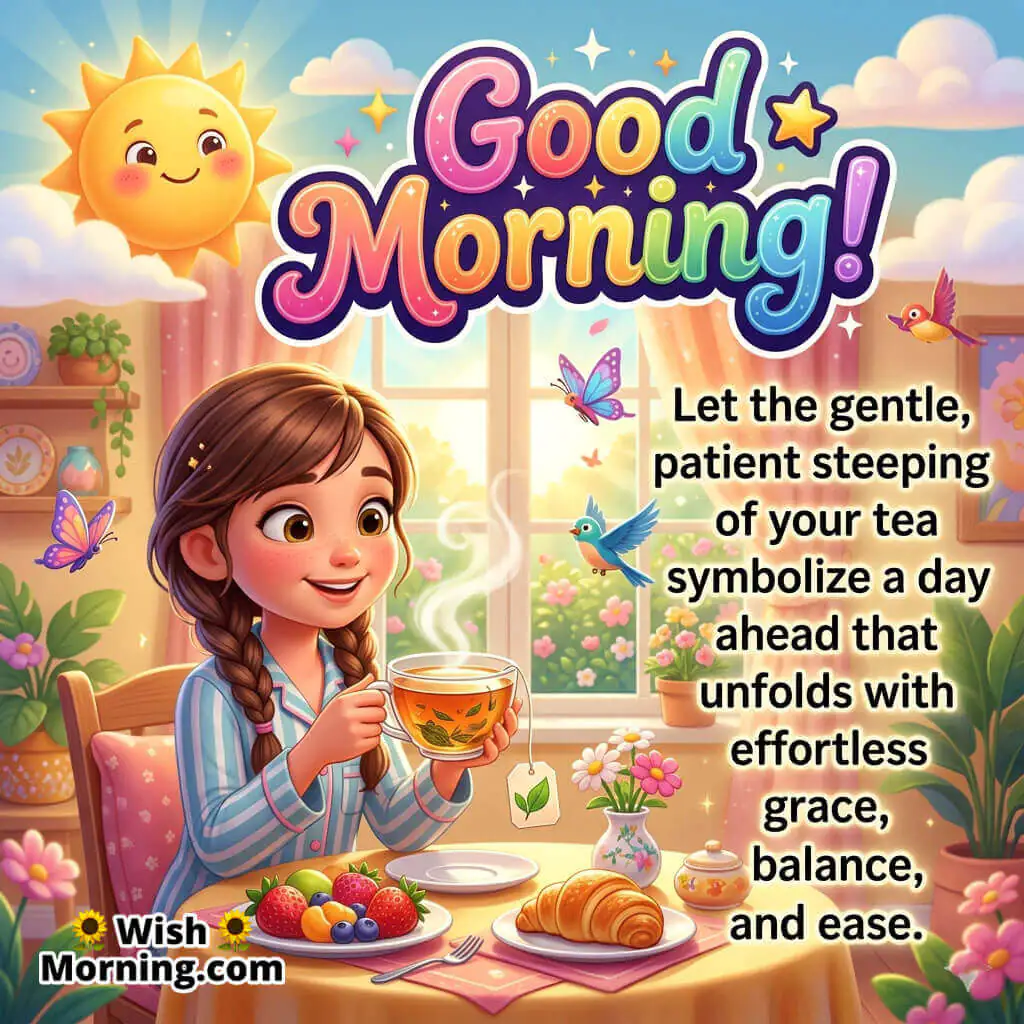 Cute Good Morning Tea Time Quote Image featuring a cheerful girl holding a warm cup of tea beside a sunny window with butterflies and flowers symbolizing calmness, balance, and a graceful morning.
