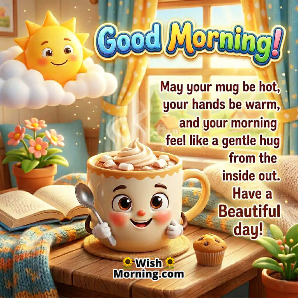 Cute Good Morning Warm Mug Hug Quote Image featuring an adorable smiling hot chocolate mug with marshmallows in a cozy room under soft morning sunlight symbolizing warmth, comfort, and a beautiful peaceful day.