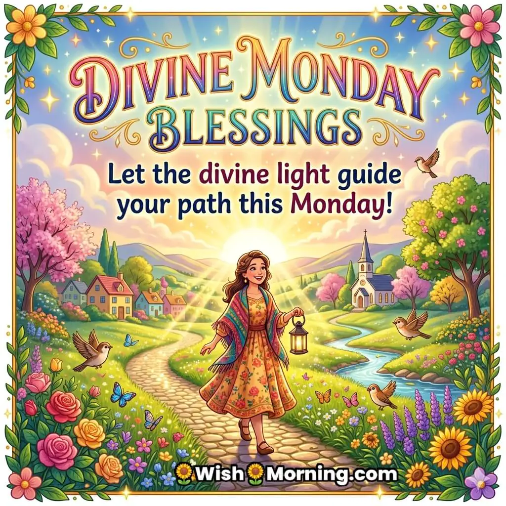 Divine Monday Blessings Light Guidance Wish featuring glowing sunrise, peaceful village, flowers, and a person walking with light symbolizing divine guidance and hope.