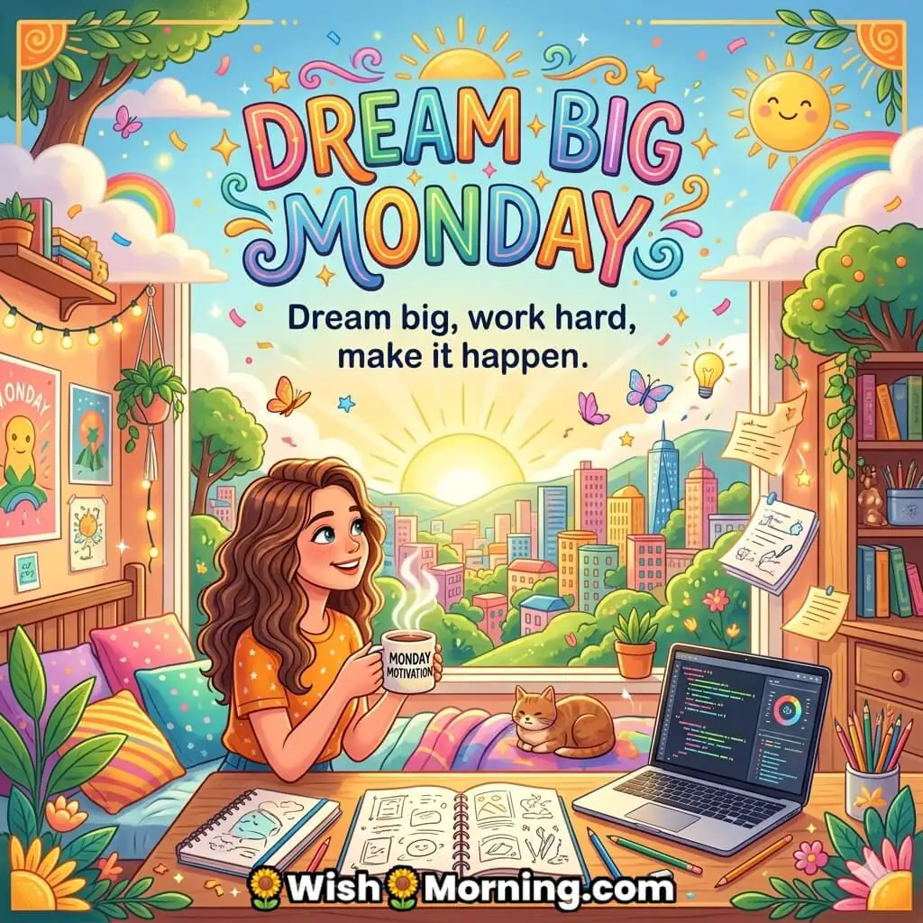 Dream Big Monday Motivation Success Wish featuring a girl with coffee, city view, laptop, and sunrise light symbolizing ambition, creativity, and achieving goals.