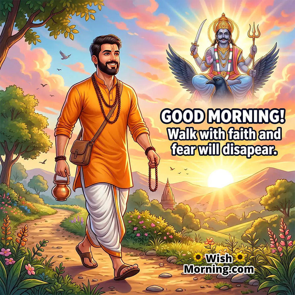 Fearless Shani Dev Good Morning Protection Image featuring devotee walking under sunrise with divine Shani Dev presence symbolizing courage faith and positivity.