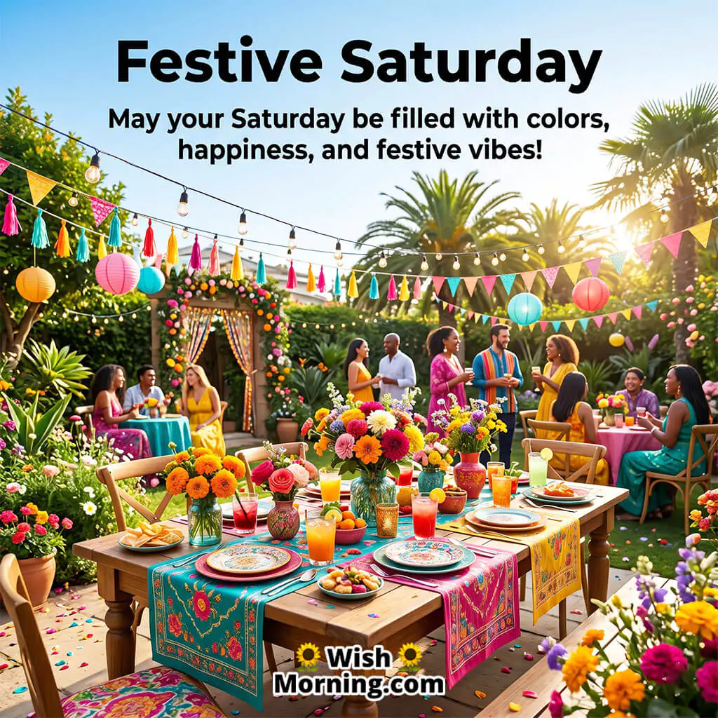 Festive Saturday Celebration Wish featuring a colorful outdoor gathering with decorated tables, flowers, lights, and happy people celebrating together symbolizing joy, happiness, and festive weekend vibes.