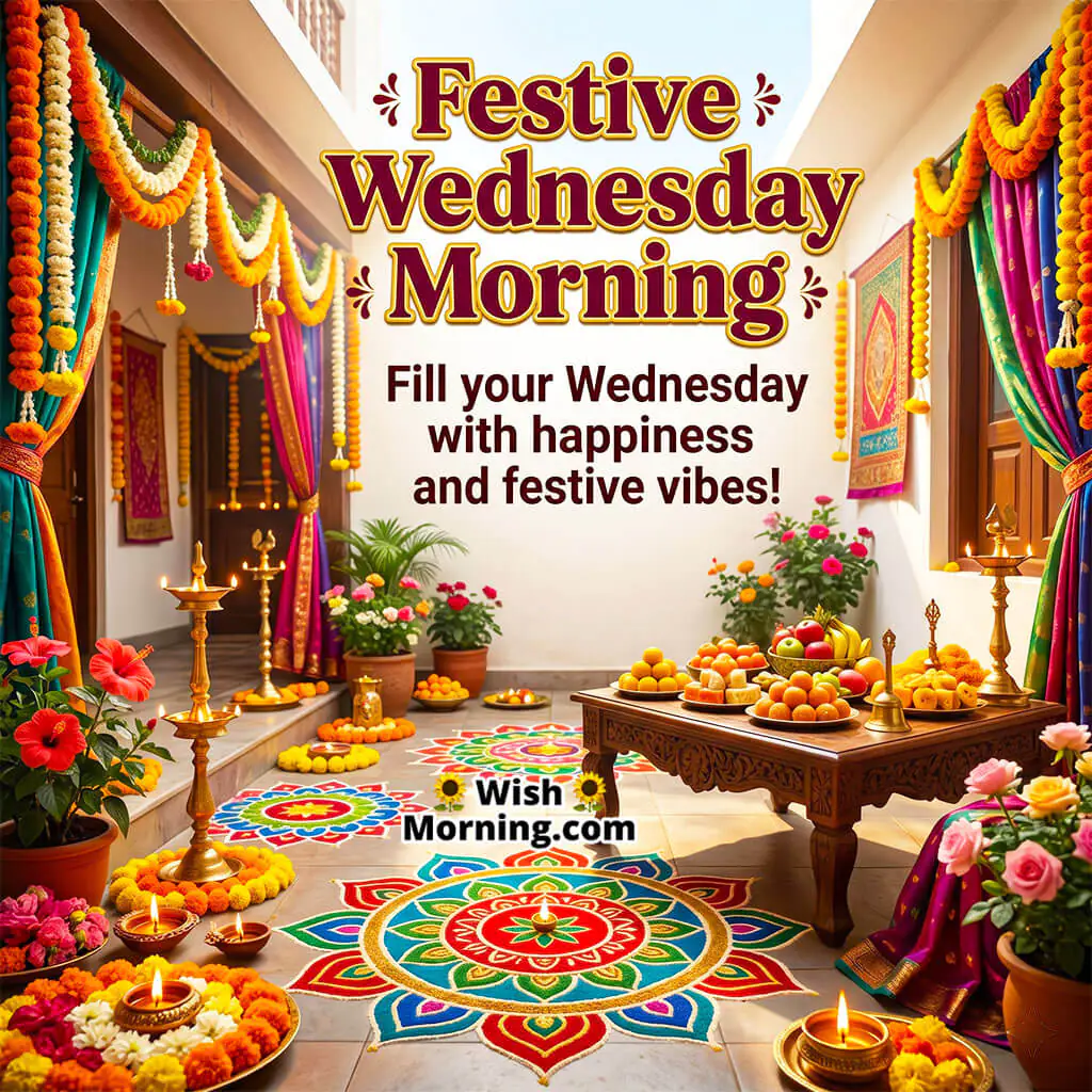 Festive Wednesday Happiness Wish featuring a beautifully decorated Indian home with rangoli, diyas, flowers, and festive sweets symbolizing joy, celebration, and vibrant Wednesday positivity.