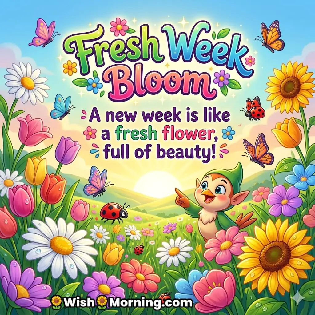 Fresh Week Bloom Positive Monday Wish featuring colorful flowers, butterflies, sunrise, and cheerful nature scene symbolizing new beginnings and fresh energy.