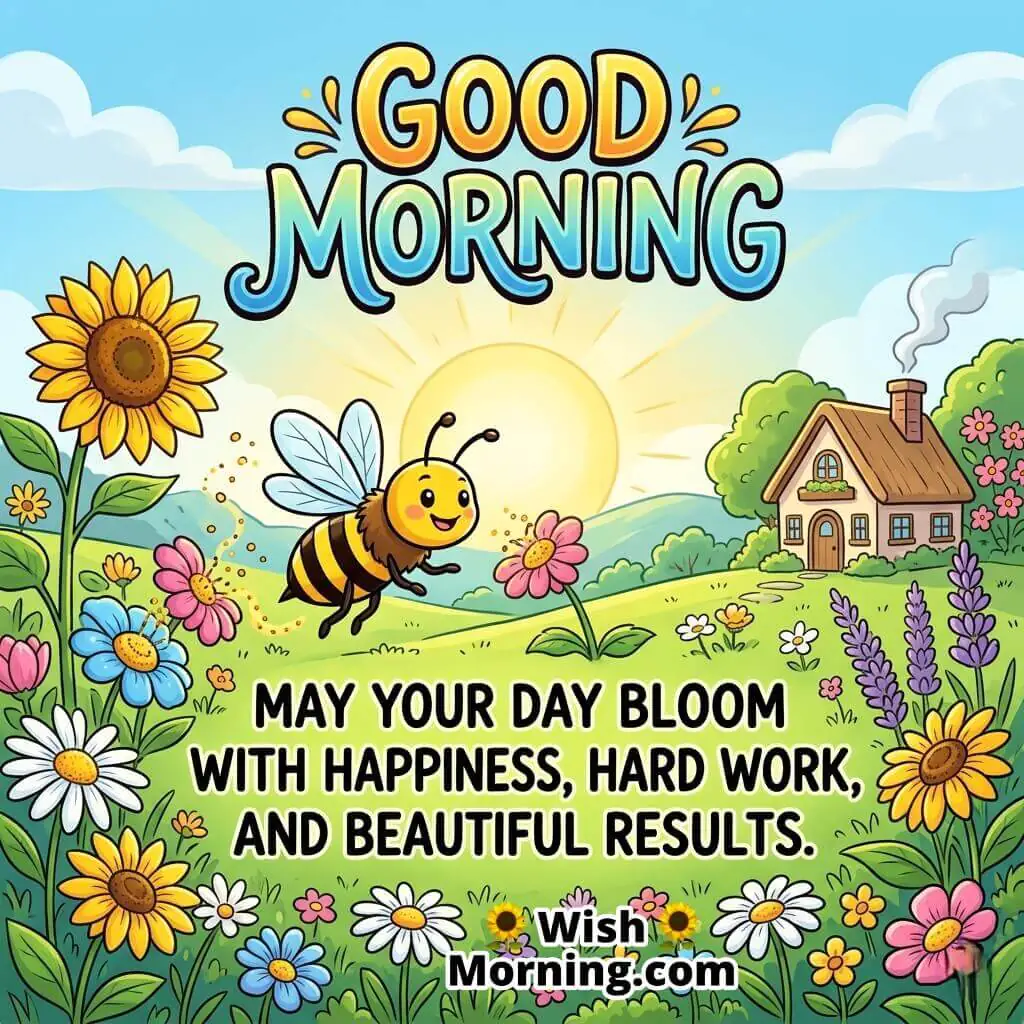Good Morning Bee Blessing Message Image featuring a cheerful bee flying through blooming flowers under bright sunshine, symbolizing happiness, dedication, growth, and beautiful results in life.