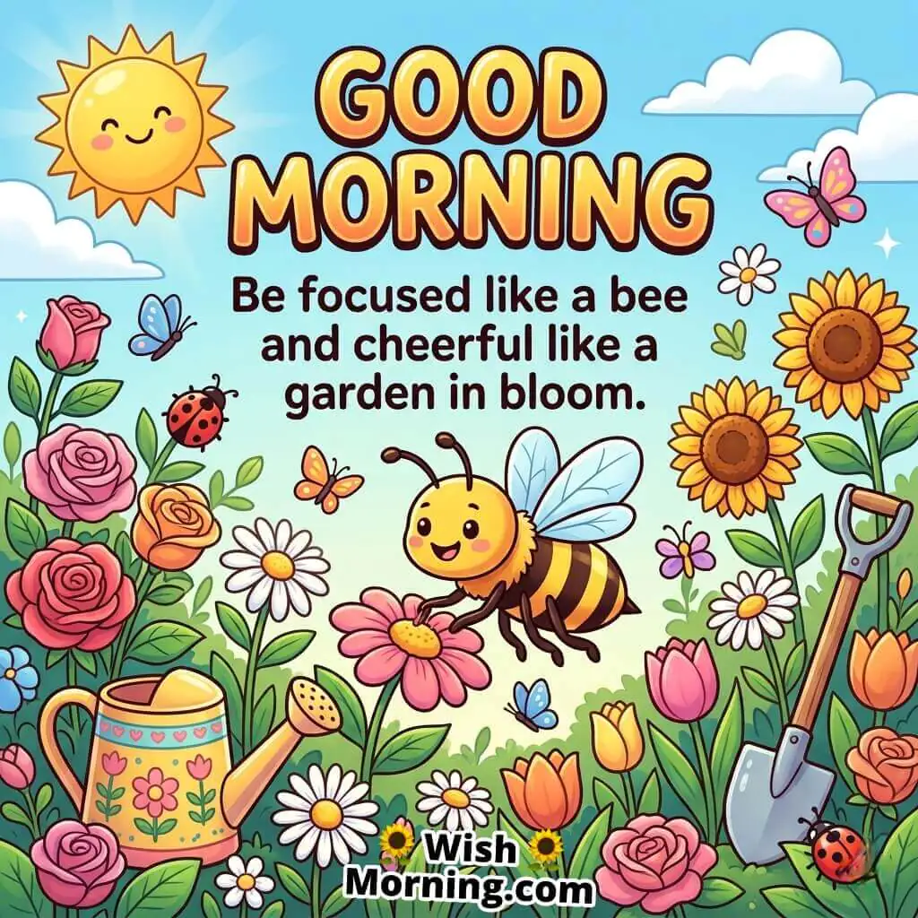 Good Morning Bee Focus and Cheerfulness Quote Image featuring a happy bee hovering over blooming flowers in a bright garden with butterflies and gardening tools, symbolizing focus, positivity, and cheerful growth.