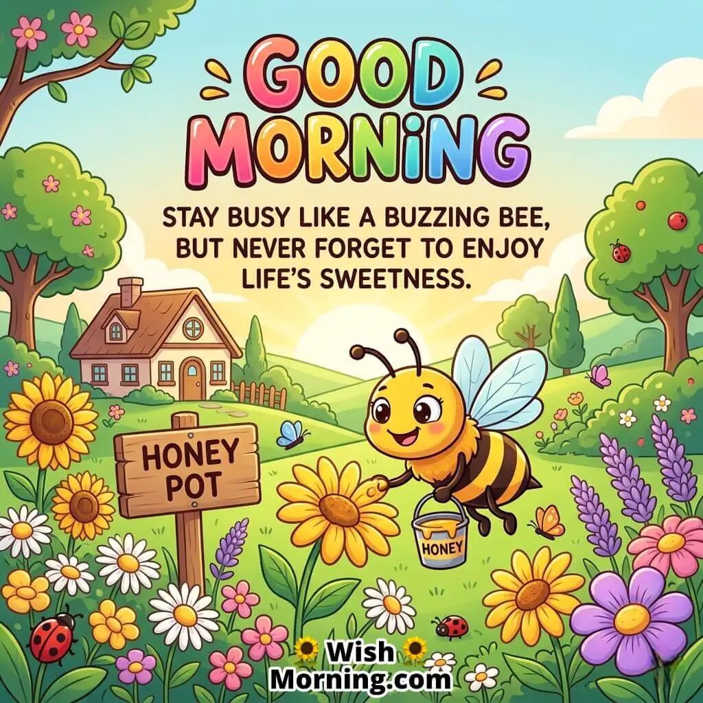 Good Morning Bee Motivation Quote Image featuring a cute smiling bee collecting honey in a colorful flower garden near a cozy cottage, symbolizing hard work, happiness, and enjoying life’s sweetness.