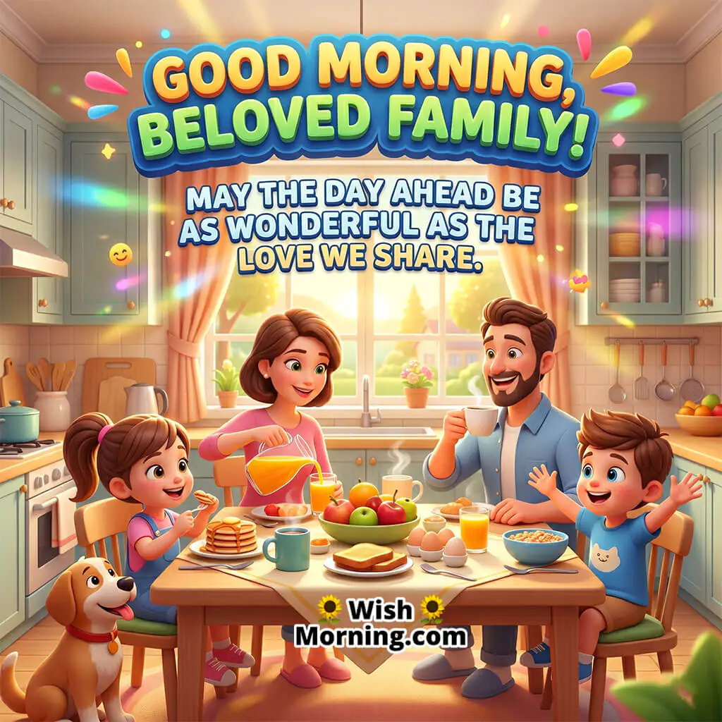 Good Morning Beloved Family Love Message Image featuring a happy family enjoying breakfast together in a bright kitchen with cheerful morning sunlight symbolizing love, unity, and joyful family moments.