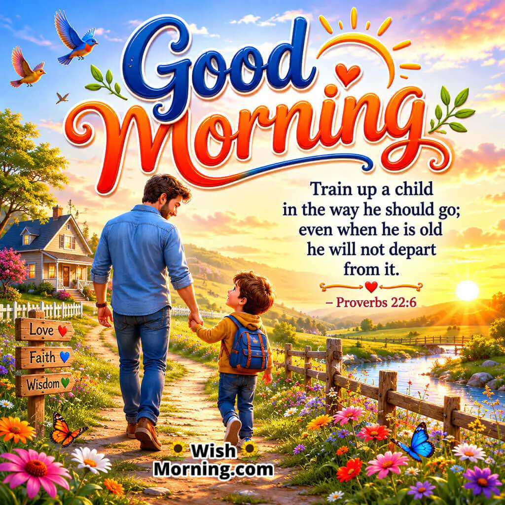 Good Morning Bible Verse for Parents Message featuring a father walking hand in hand with his child along a peaceful countryside path at sunrise, symbolizing godly guidance, faith, and wisdom passed to the next generation.