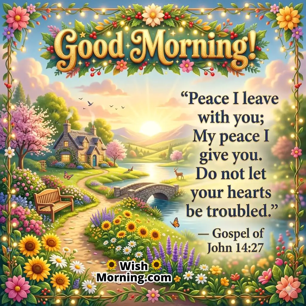 Good Morning Bible Verse for Peace and Comfort featuring a cozy house, stone bridge, flowing river, and colorful flowers under sunrise light symbolizing calmness, comfort, and God’s presence.