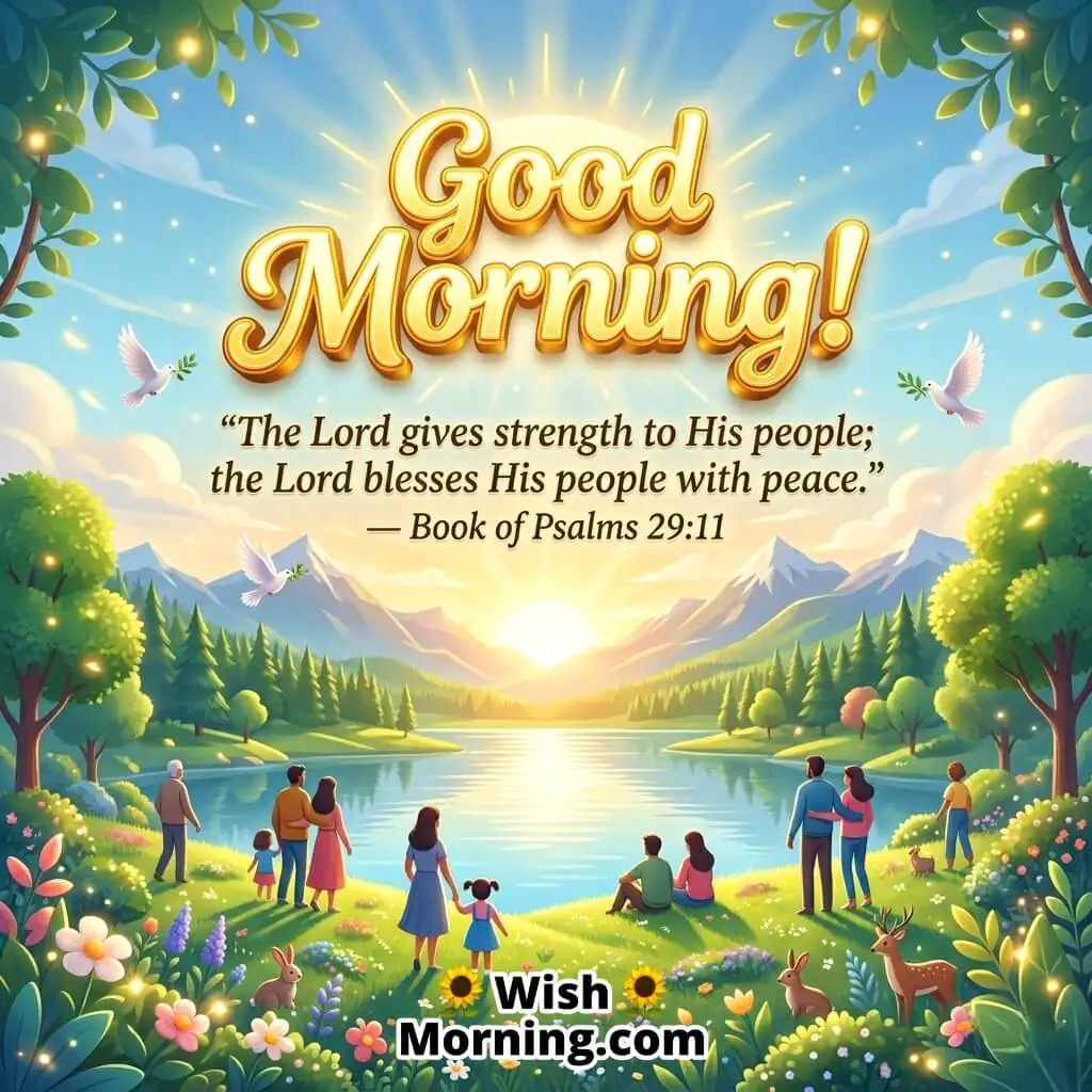 Good Morning Bible Verse for Peace and Strength featuring sunrise over a calm lake, families standing together, doves in the sky, and golden light symbolizing unity, strength, and divine peace.