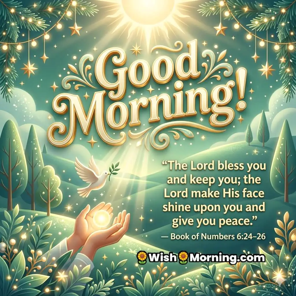 Good Morning Bible Blessing Verse for Peaceful Life featuring glowing light in open hands, flying dove, soft green hills, and radiant sky symbolizing blessings, guidance, and inner peace.