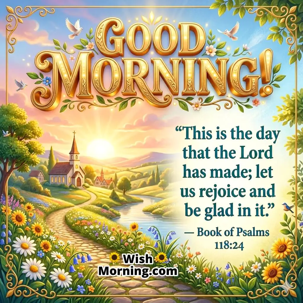 Good Morning Bible Verse to Rejoice and Be Glad featuring a church near a river, bright sunrise, blooming flowers, and peaceful landscape symbolizing joy, gratitude, and a blessed beginning.