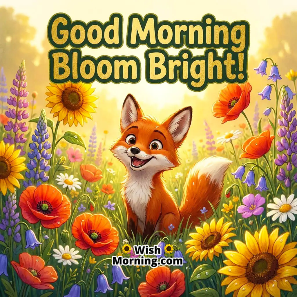 Good Morning Bloom Bright featuring a small fox surrounded by bright wildflowers in morning glow, symbolizing bright and positive feelings.