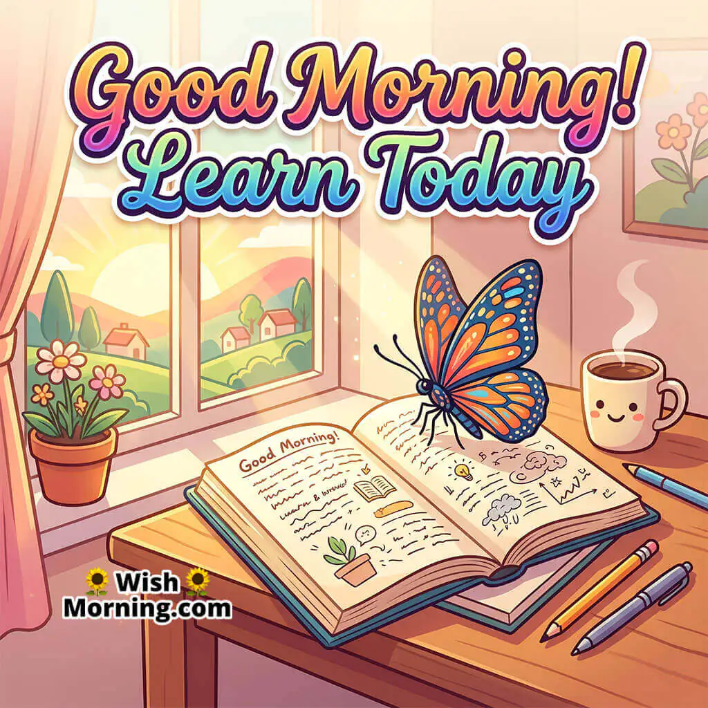 Good Morning Butterfly Book Image with Message featuring a butterfly on an open book near sunny window light symbolizing fresh learning focus and new ideas.