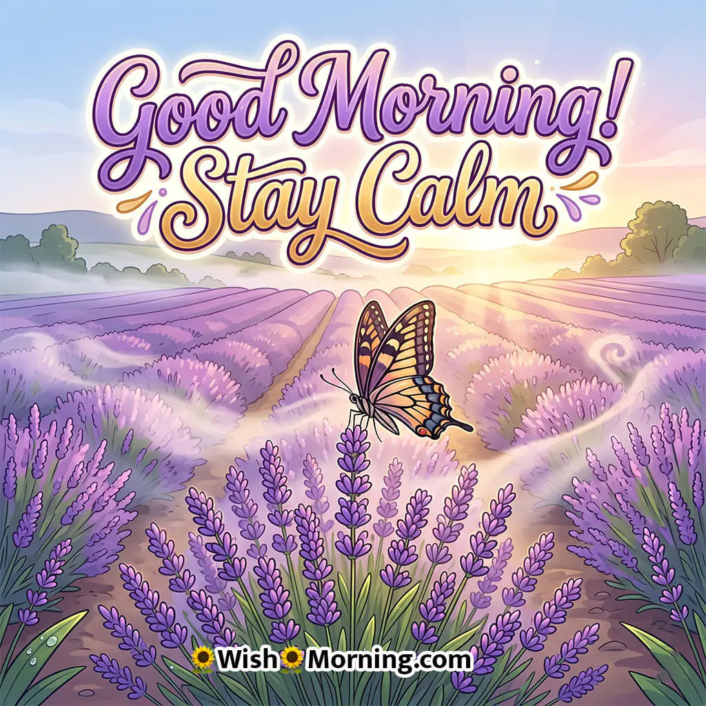 Good Morning Butterfly Lavender Image with Message featuring a butterfly over lavender field in misty morning light symbolizing calm thoughts and peaceful start.