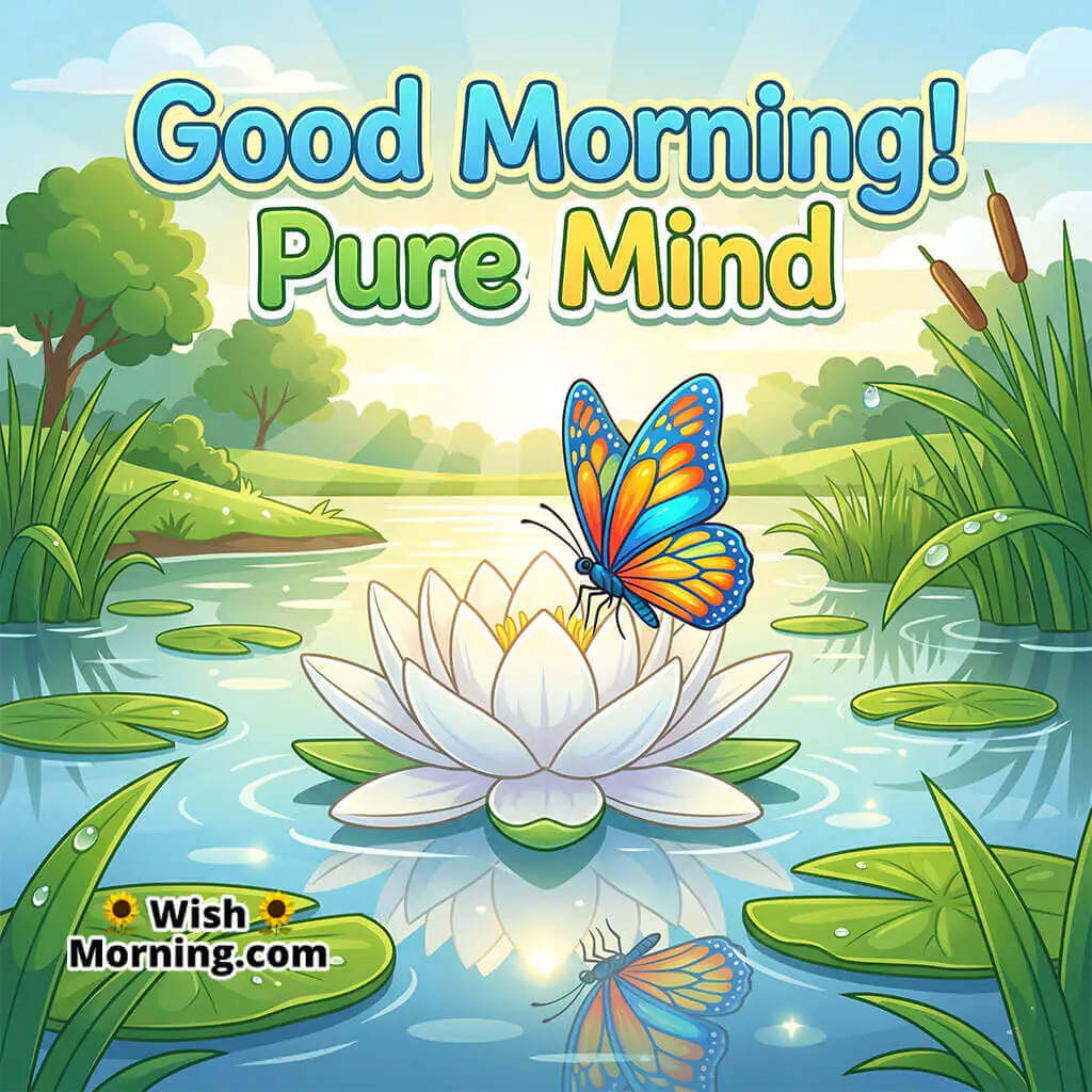 Good Morning Butterfly Lotus Image with Quote featuring a butterfly on a white lotus over calm water with morning glow symbolizing purity peace and mindful living.