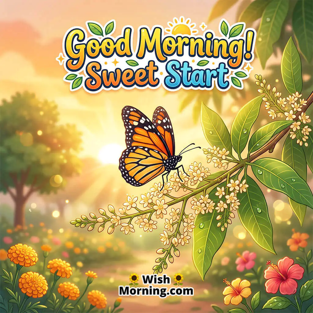 Good Morning Butterfly Mango Blossom Image with Message featuring a butterfly on mango blossoms with warm sunrise glow symbolizing sweet beginnings and fresh joy.