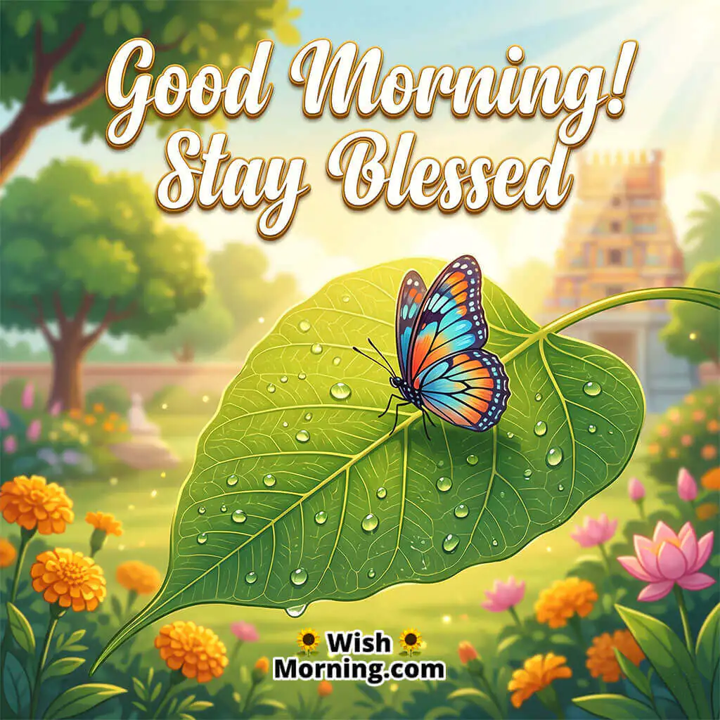 Good Morning Butterfly Peepal Leaf Image with Quote featuring a butterfly on a peepal leaf with dew and morning light symbolizing blessings peace and spiritual freshness.