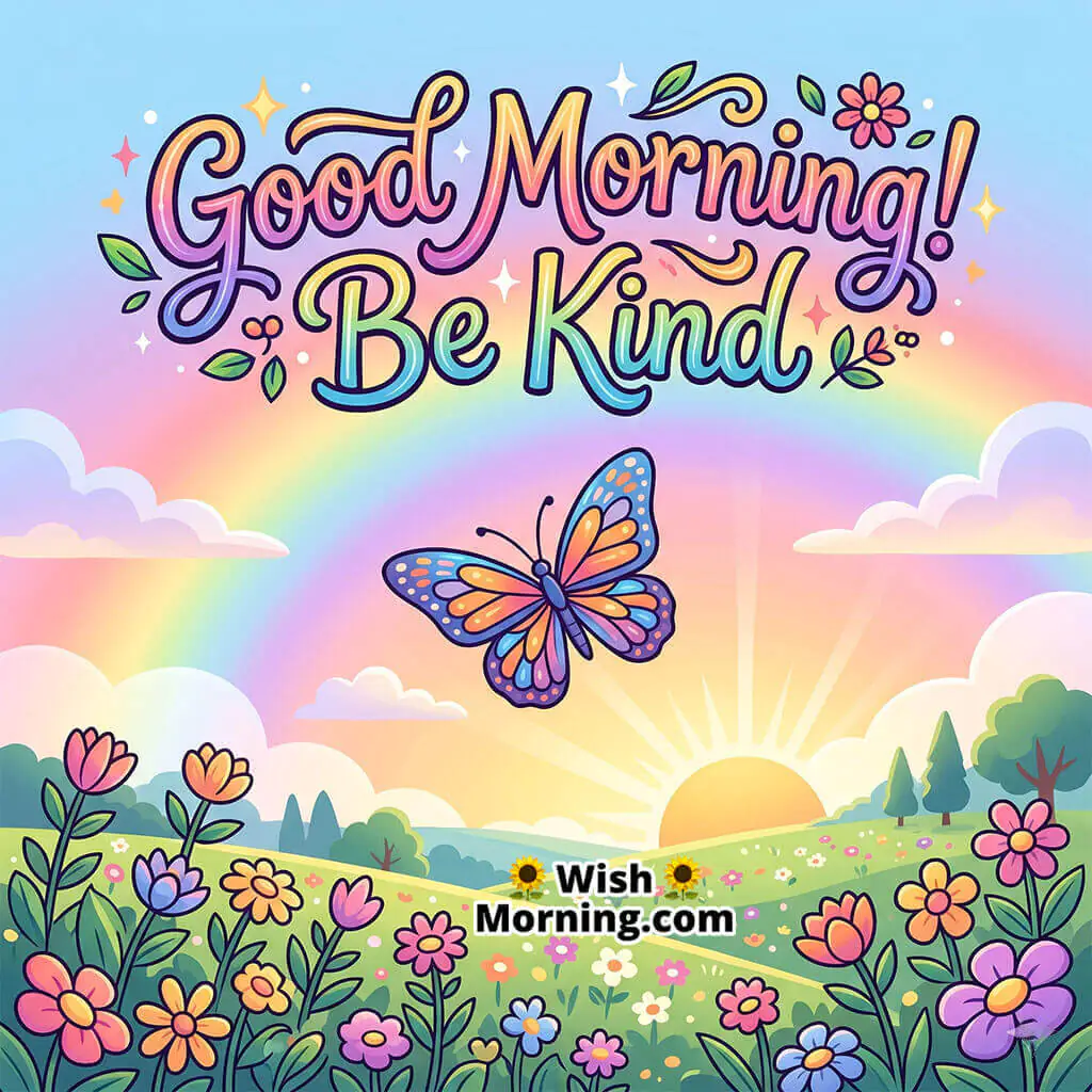 Good Morning Butterfly Rainbow Image with Quote featuring a butterfly flying near a soft rainbow sky in morning glow symbolizing kindness hope and colourful positivity.