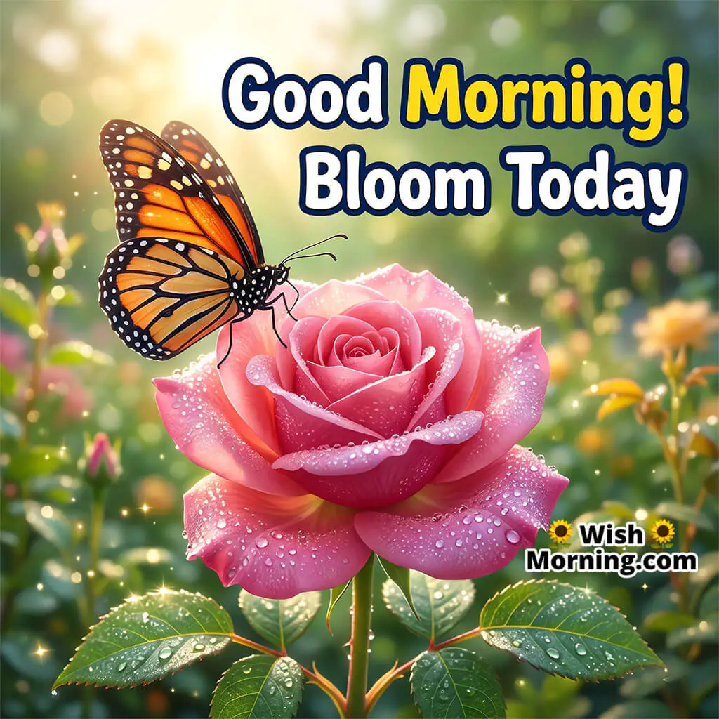Good Morning Butterfly Rose Image with Message featuring a butterfly on a dewy pink rose in morning garden light symbolizing fresh beginnings and gentle positivity.