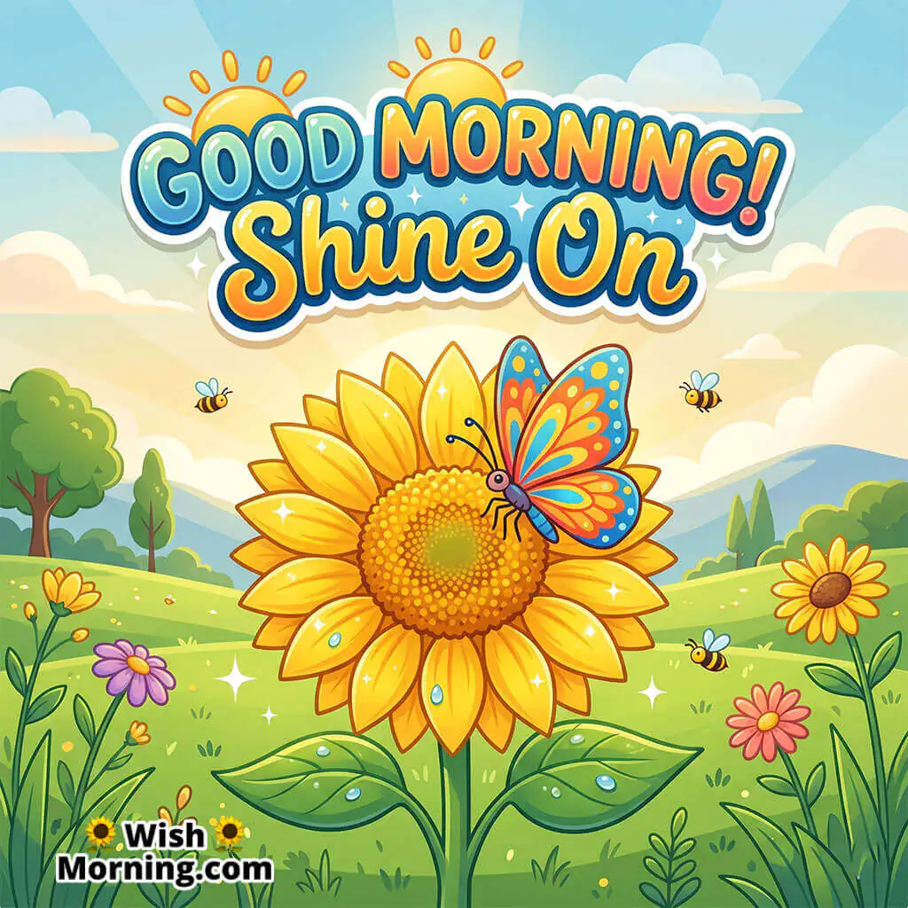 Good Morning Butterfly Sunflower Image with Message featuring a butterfly on a sunflower under clear morning sky symbolizing happiness confidence and bright positivity.